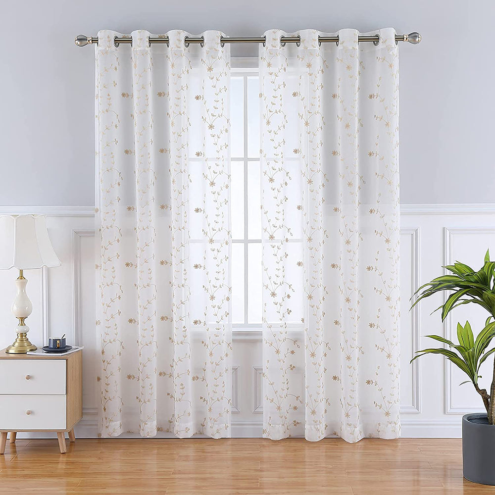 Leaf Embroidered Grommet Voile Drapes for Living Room, Bedroom