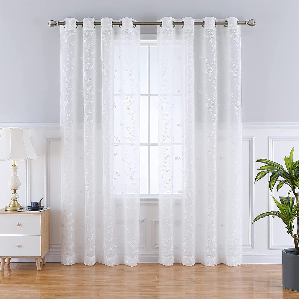 Leaf Embroidered Grommet Voile Drapes for Living Room, Bedroom