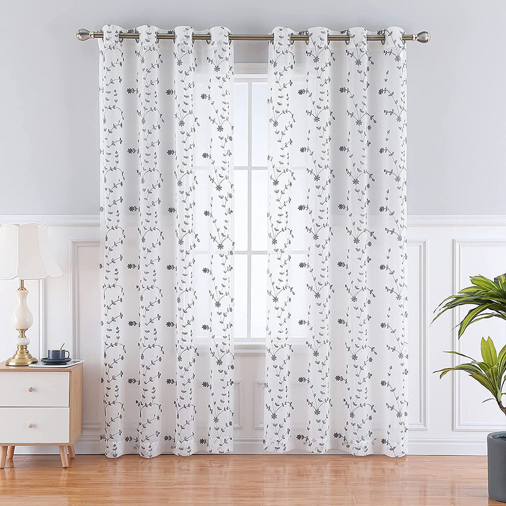 Leaf Embroidered Grommet Voile Drapes for Living Room, Bedroom