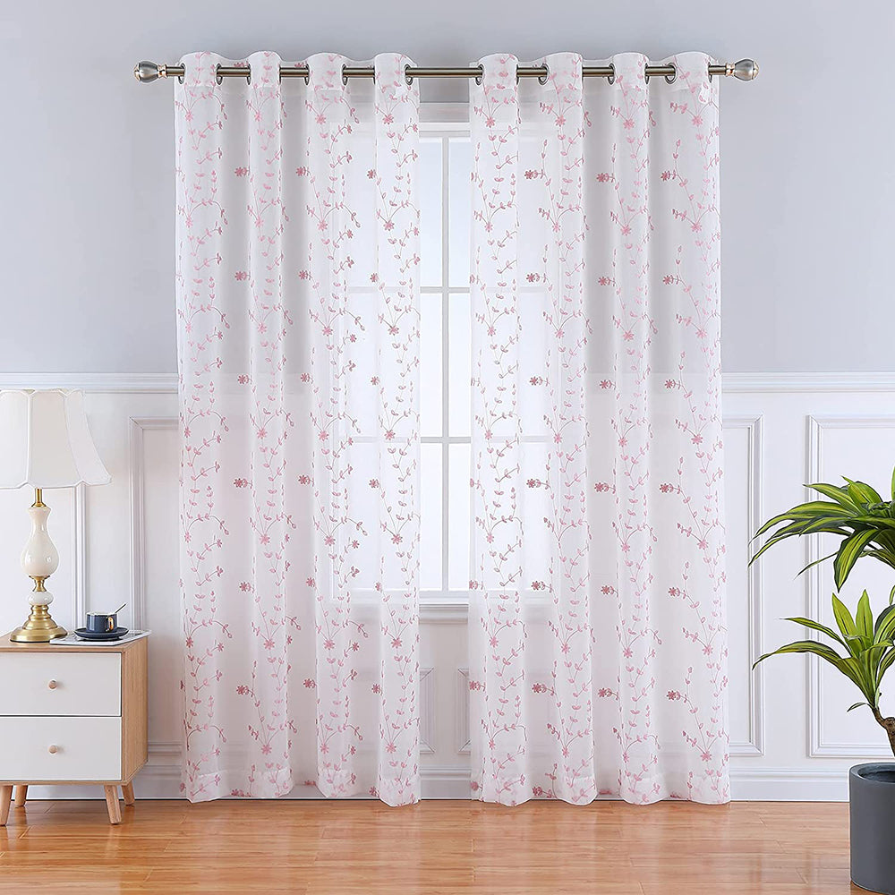 Leaf Embroidered Grommet Voile Drapes for Living Room, Bedroom