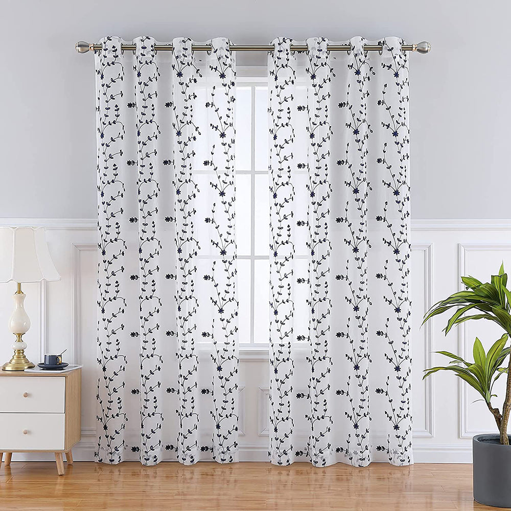 Leaf Embroidered Grommet Voile Drapes for Living Room, Bedroom